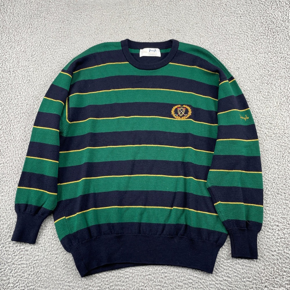 Pringle Sweater Mens M Green Striped Sports Golf Lambswool Crewneck Vintage